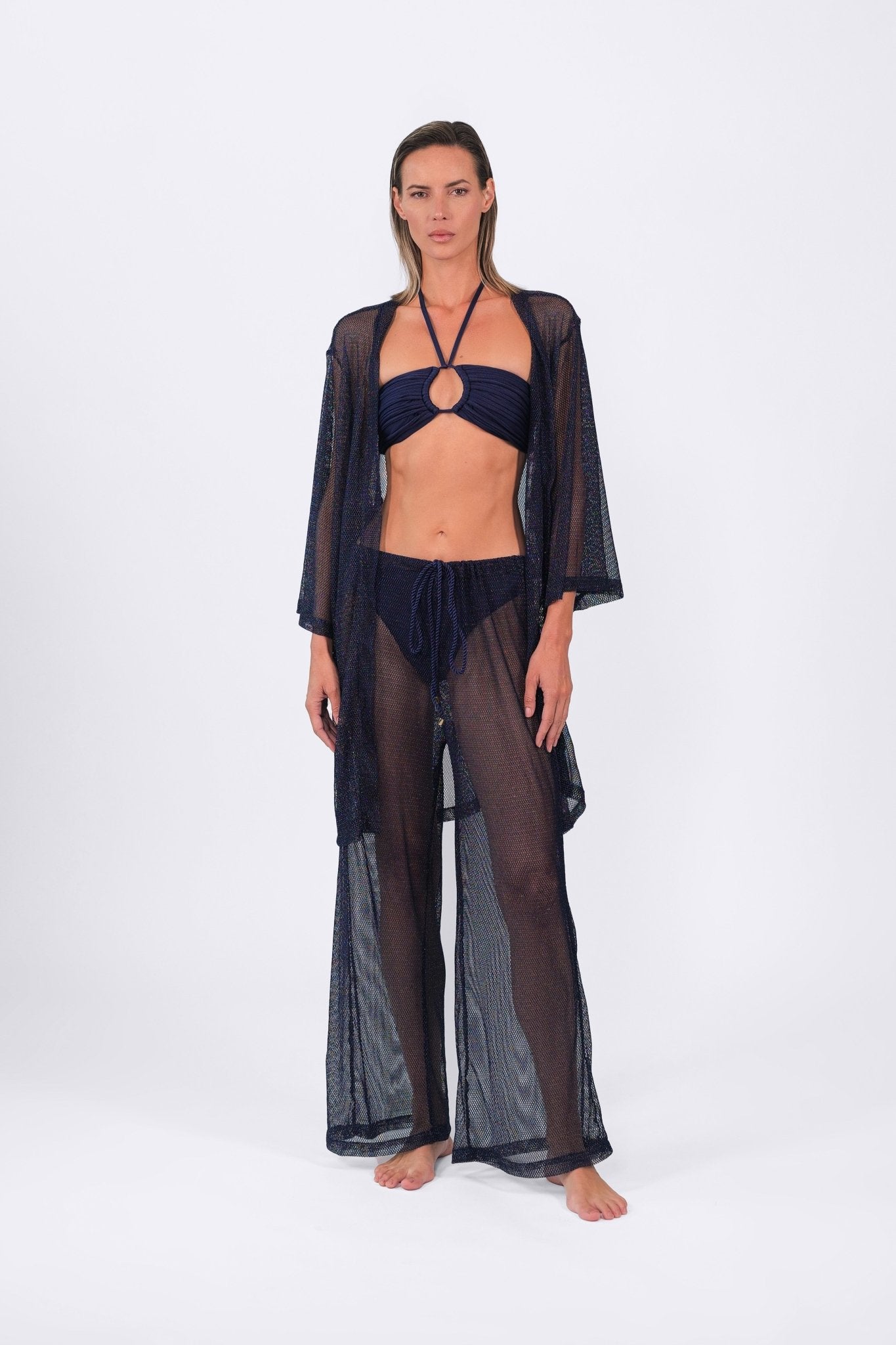Front view of the model wearing the Buzios belted Kimono in Dusk Blue.