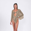 Model wearing Buzios Belted Kimono in Gold.