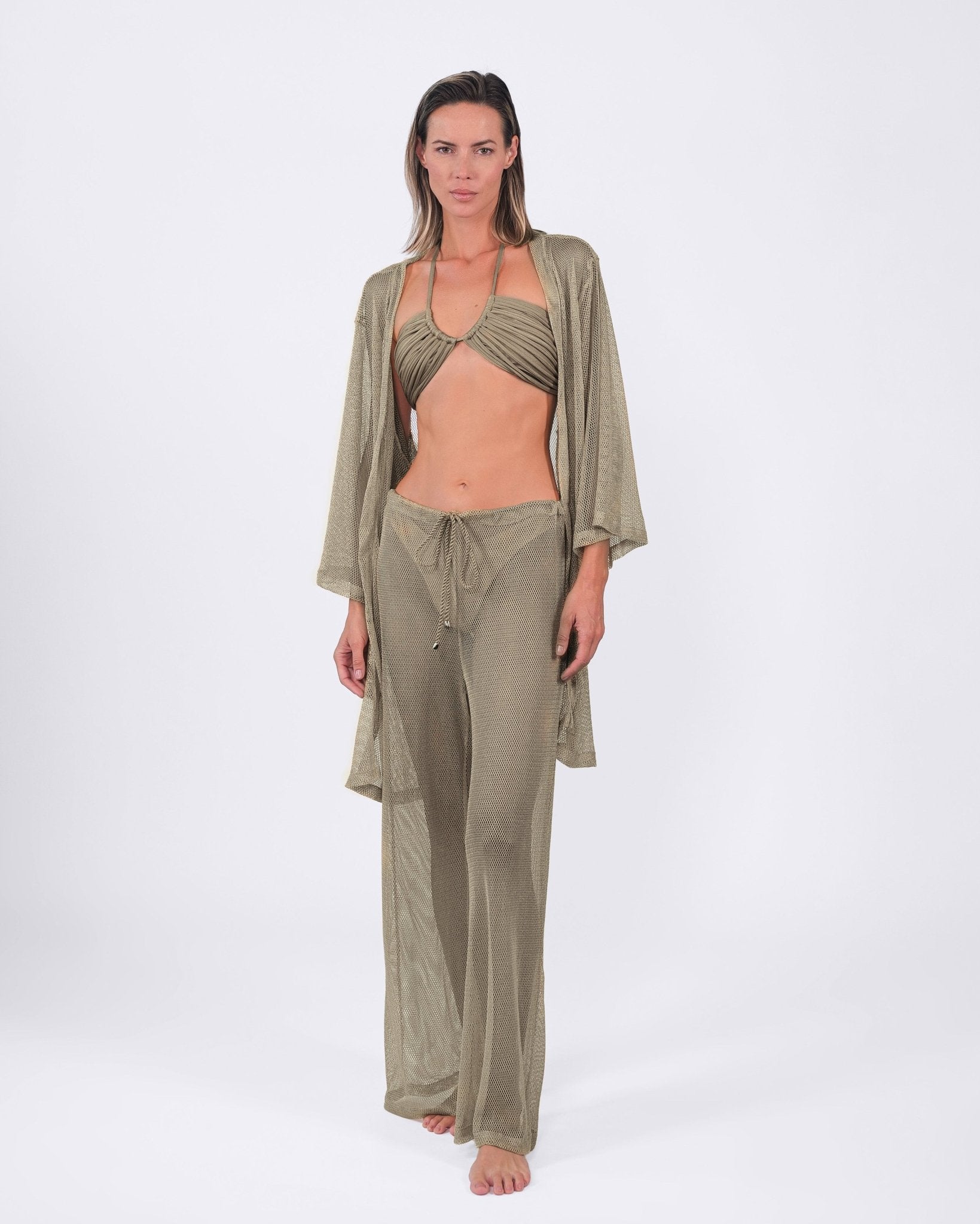 Model wearing Buzios Belted Kimono in Gold.