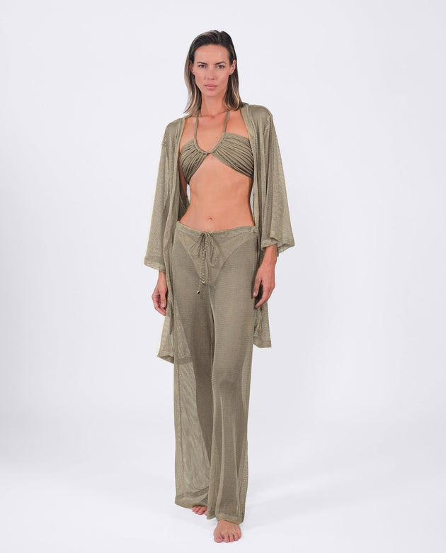 Model wearing Buzios Belted Kimono in Gold.