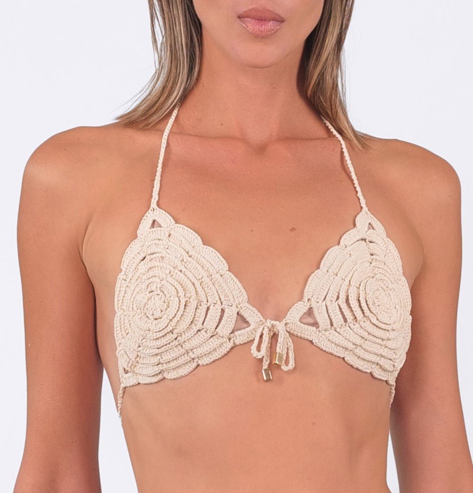Close up of the model wearing the Love & Roses Triangle Top.