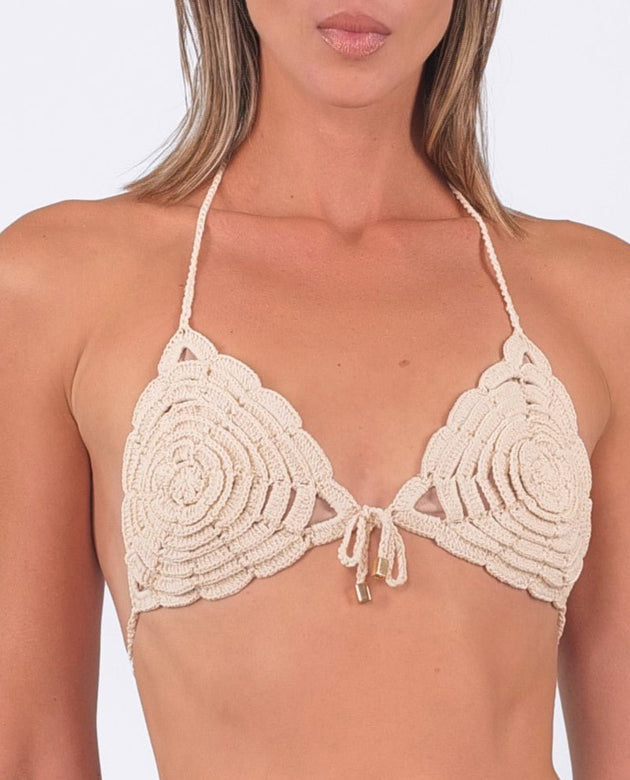 Close up of the model wearing the Love & Roses Triangle Top.