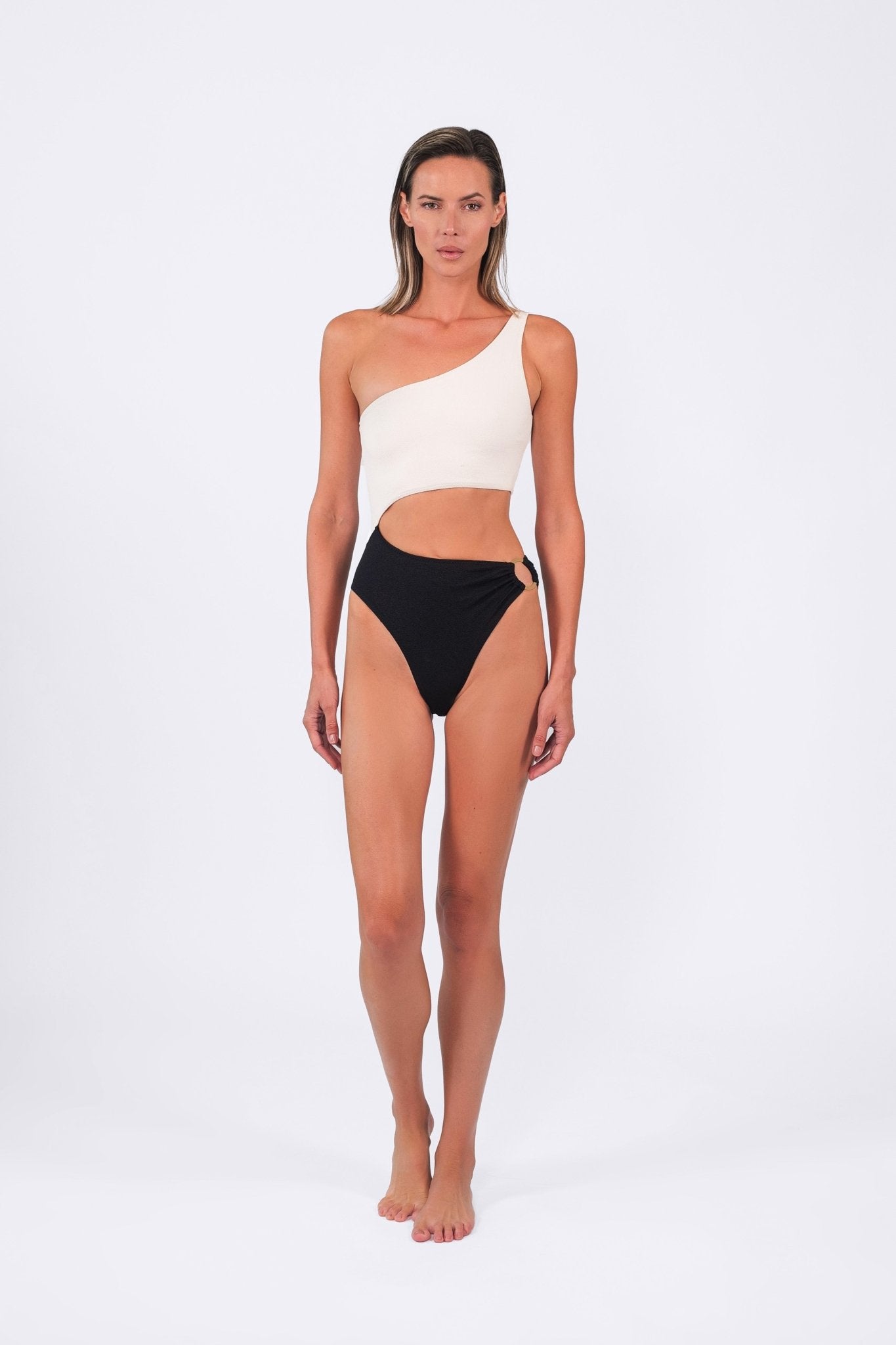 Riviera One - shoulder One - piece | Black and Off - white - Acqua de Luxe Beachwear