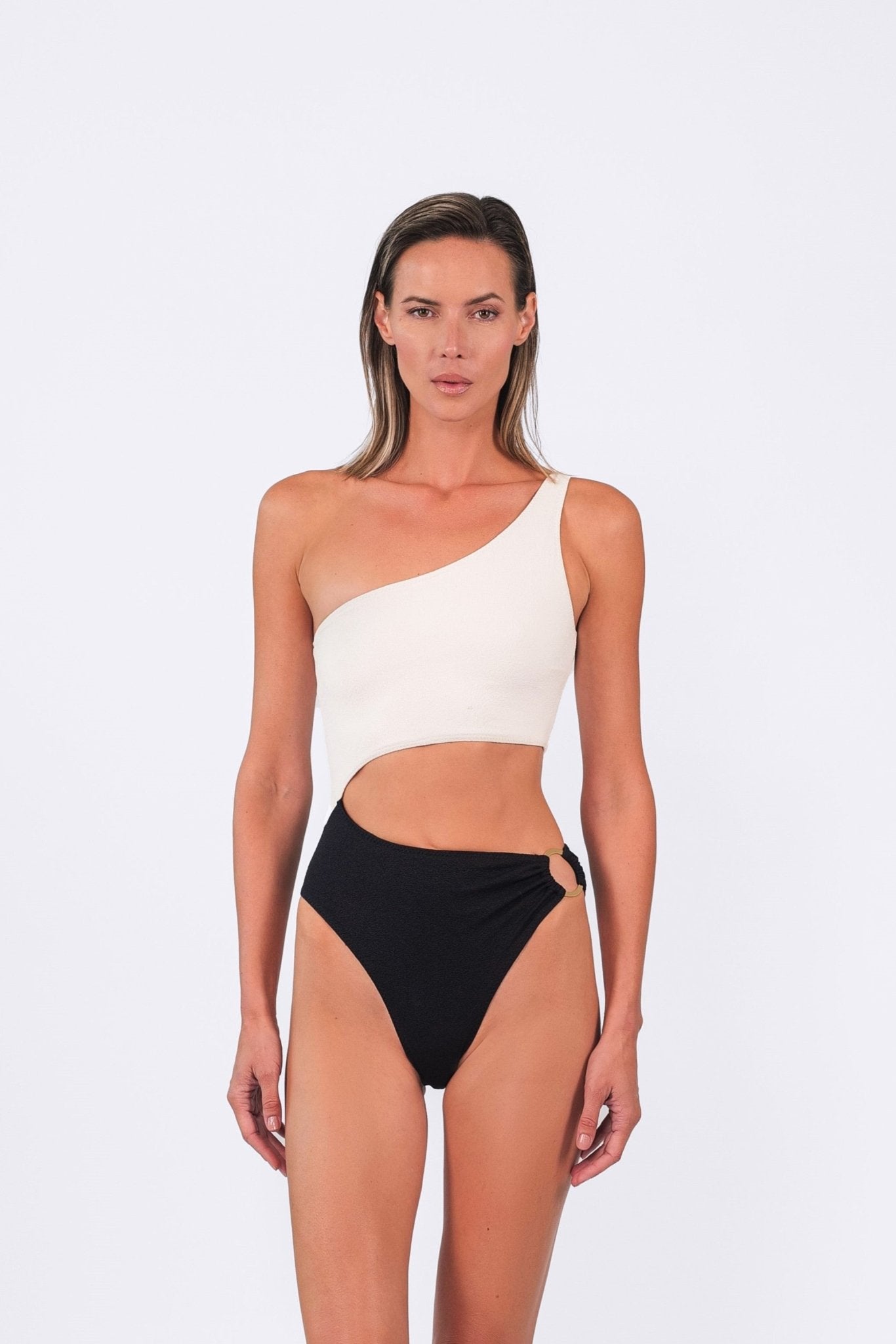 Riviera One - shoulder One - piece | Black and Off - white - Acqua de Luxe Beachwear