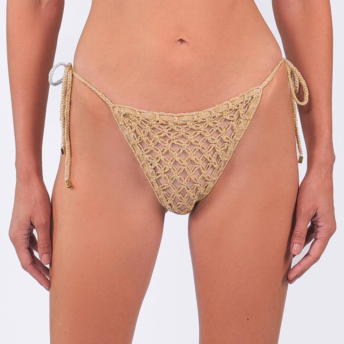 Close up of the model wearing the Hidden Secret Tie Sides Bottom.