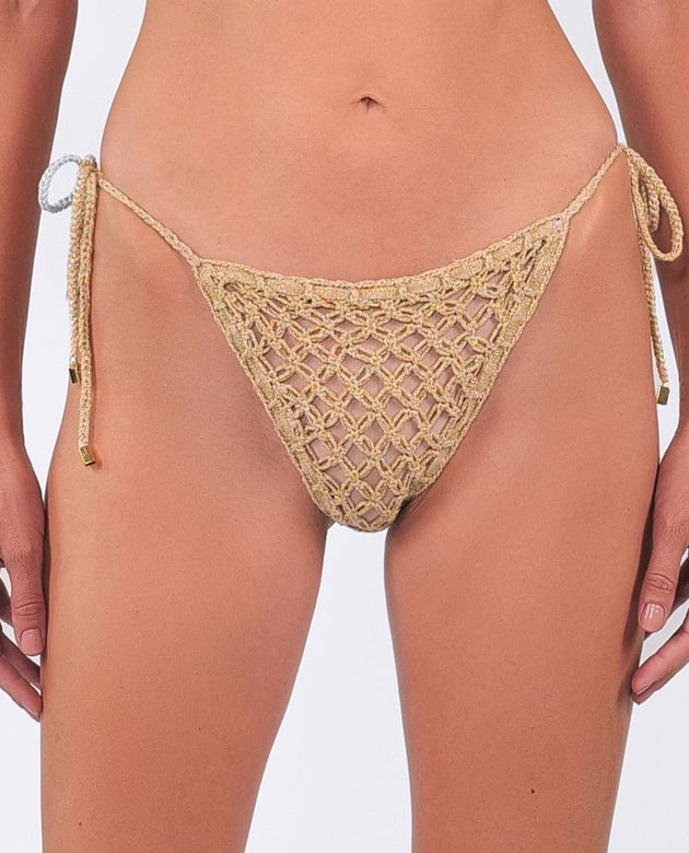 Close up of the model wearing the Hidden Secret Tie Sides Bottom.